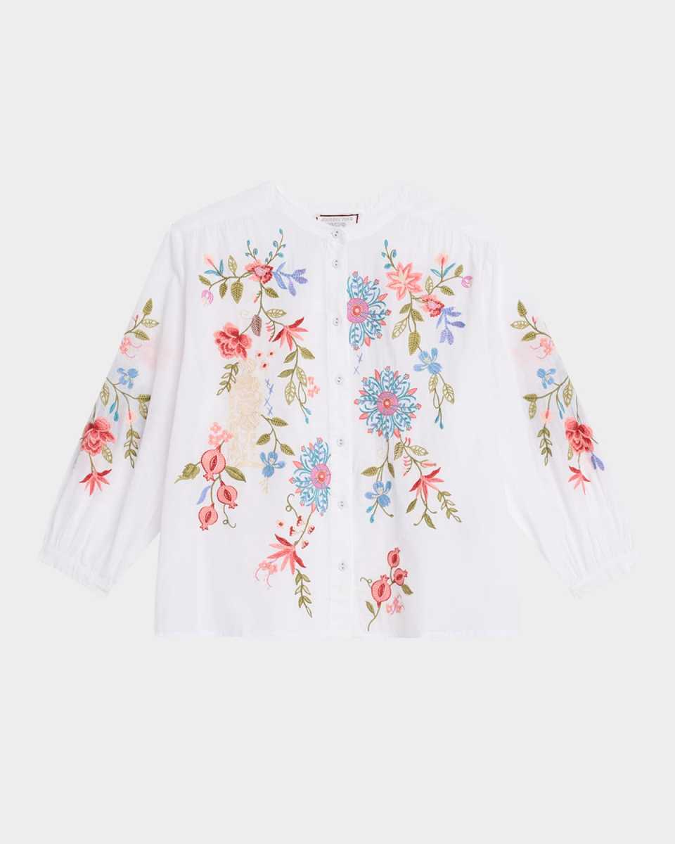Shirred Floral-Embroidered Cotton Blous